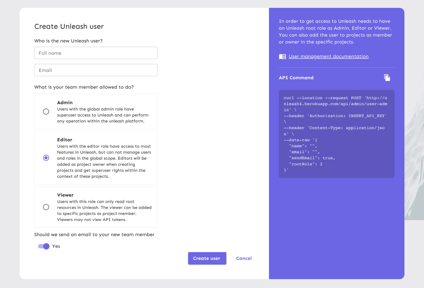 A form titled &quot;Add team member&quot;. It has the fields &quot;full name&quot;, &quot;email&quot;, and &quot;role&quot;. The role field is a radio button set with roles called &quot;admin&quot;, &quot;editor&quot;, and &quot;viewer&quot;.